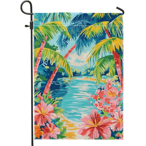 Tropical Paradise Garden Flag, Colorful Palm Trees and Hibiscus Flowers Seasonal Outdoor Yard Banner, Double Sided Decorative Home Decor for Summer Parties 12x18 Inch