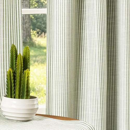 DriftAway 100% Blackout Linen Ticking Striped Curtains Double Layer Farmhouse Drapes 84 Inches Long for Living Room Bedroom Yarn Dyed Woven Thermal Insulated Rod Pocket Back Tab 2 Panels Loden Green
