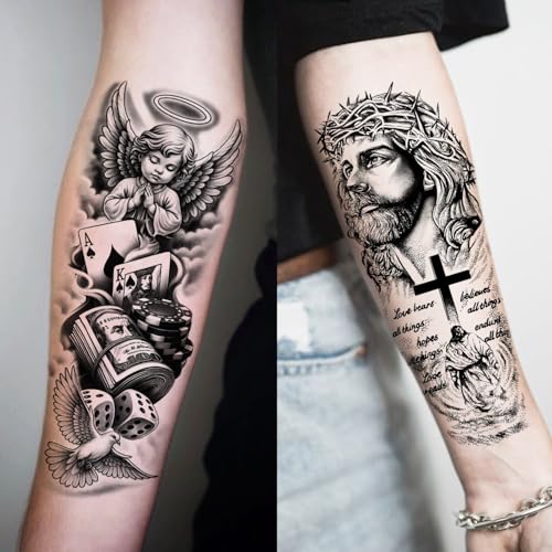 Image of 17 Sheets Robber Gangster Temporary Tattoos For Men Women Adults Chicano Tattoo Sticker, Realistic Our Lady Of Guadalupe Fake Tattoos Cholo Chola Body Art Forearm Half Arm Sleeve Tattoos Jesus Clown