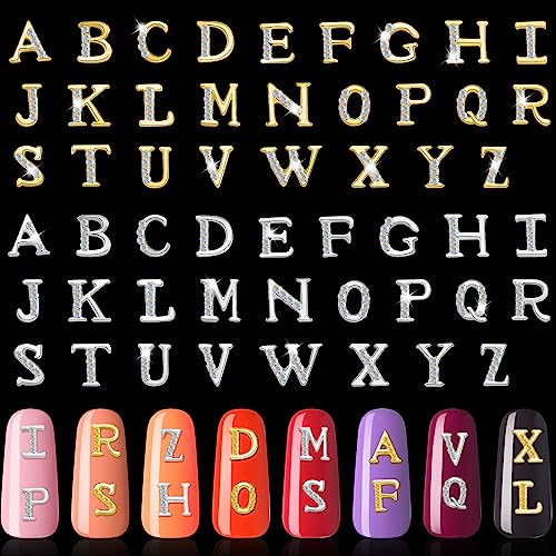 Maitys 104 Pcs Gold Silver Letter Nail Charms 3D Capital Charms Studs Letters and Rhinestone Crystal Nail Decals English Alphabet Fingernail Art Decoration for Women Female DIY Fingernail Art