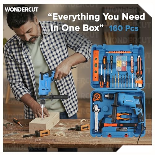 Image of WONDERCUT Professional-Impact Drill Tool Kit, 810W, 3000 RPM,13mm Chuck, Blue BMC Box WC-13DK-600 Power & Hand Tool Kit (160 Tools)