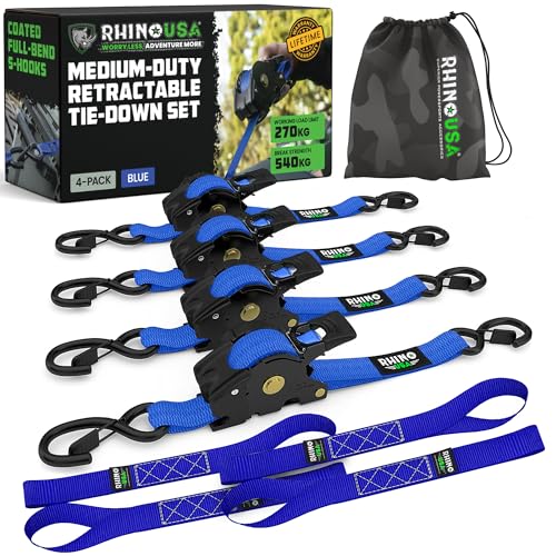 Image of Rhino USA Retractable Ratchet Straps (4-Pack) - 1 Inch x 10 Feet (1,209lb Break Strength) - Auto Self Retracting Tie Down Straps for Truck, Cargo Trailer, Motorcycle, ATV, UTV - Blue