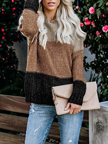 Ybenlow Womens Color Block Oversized Crewneck Sweaters Striped Long Sleeve Loose Chunky Knitted Pullover Jumper Tops Brown