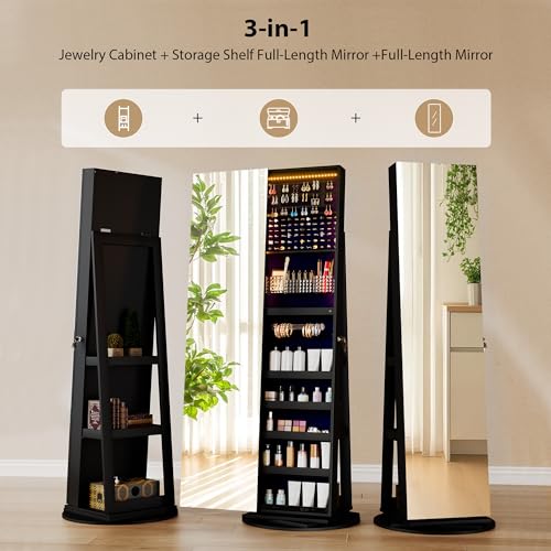 Image of LVSOMT LED Jewelry Cabinet with Sliding Full Length Mirror, Black | 360 Swivel Mirror with Storage, Lockable Jewelry Armoire Organizer with 22 Rear Shelves for Bedroom, Gift for Women