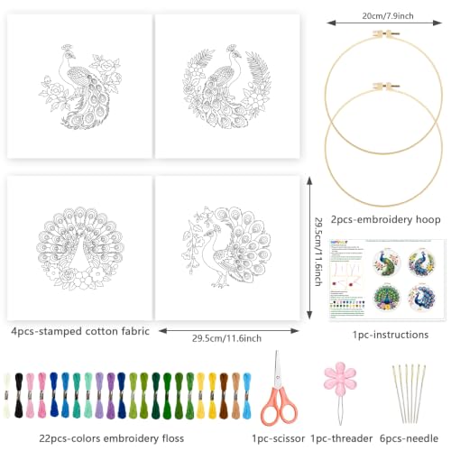 Image of INFUNLY 4pcs Green Peacock Embroidery Kit for Beginners Peacock Flowers Cross Stitch Kits with Pre-Printed Patterns 11.6x11.6inch Embroidery Starter Kit with 22 Colors Thread for DIY Craft Lovers