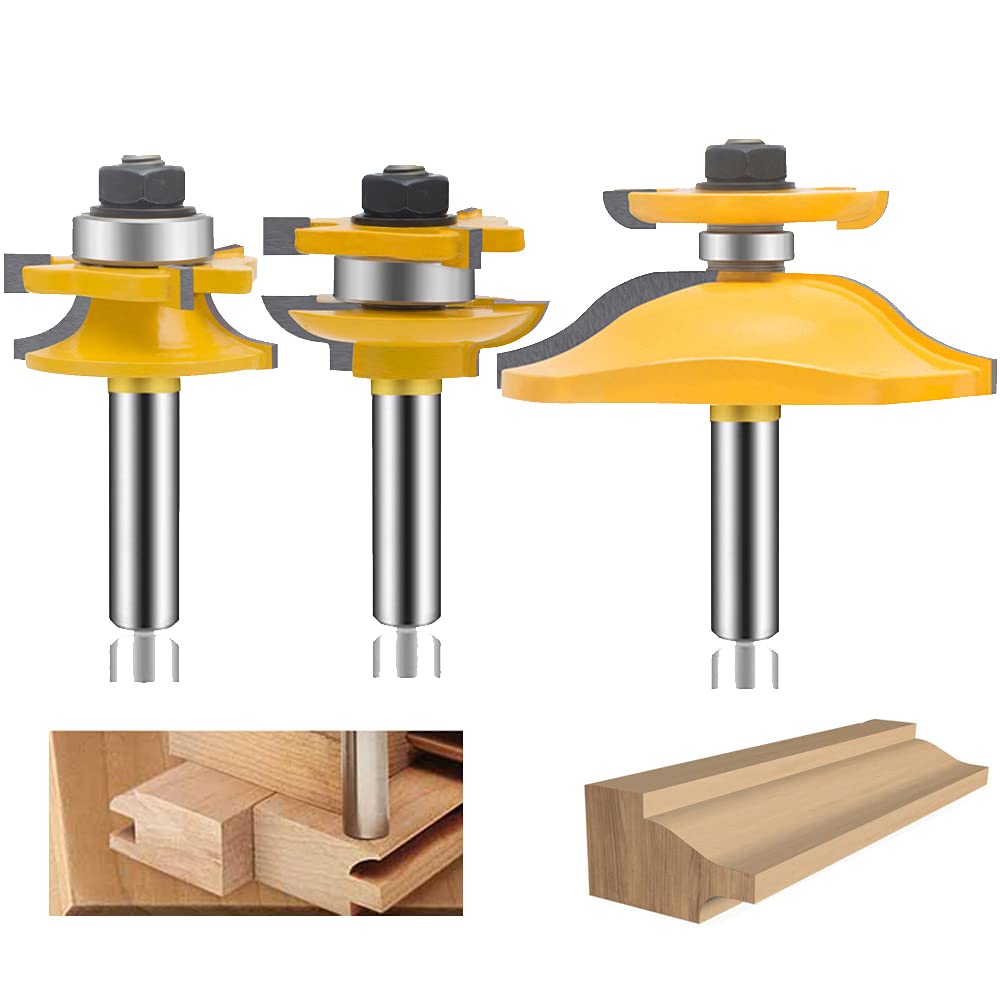 Set di 3 punte per fresatrice per pannelli rialzati con gambo da 1/2 pollice, punte per fresatrice per guide e montanti per ante di armadi, fresa per lavorazione del legno, utensile per fresatura d