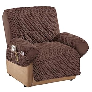 Collections Etc Diamond-Shape Quilted Stretch Recliner Cover with Storage Pockets and Elastic Straps – Furniture Protector, Chocolate, Recliner