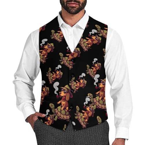 Dachshunds Dog Riding Turtle Men's Suit Vest Waistcoat Vests Formal Dress with 2 Pockets for Business Casual Tuxedo