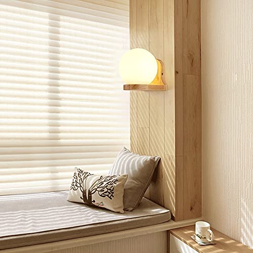Aplique de pared de globo blanco con soporte de madera y cristal mate E27 3