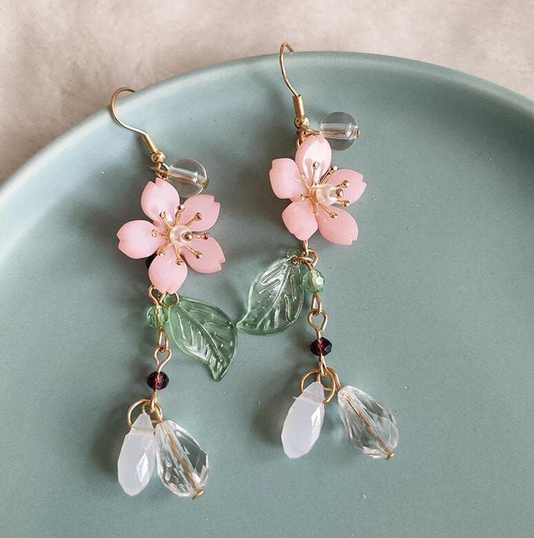 COLORFUL BLING Classic Pink Flower Dangle Drop Earrings Elegant Floral Green Leaf Earrings for Women - Image 3