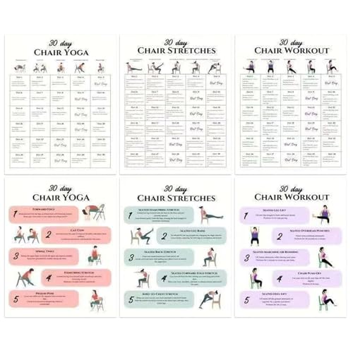 Tableau d'exercices sur chaise – Kit de routine de fitness pour seniors, jeu de cartes de programme de 30 jours, affiches d'entraînement d'étirement en six pièces | Guide d'amélioration de l'équilibre