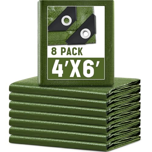 Image of 8 Pack 4 x 6 ft 5.5 Mil Small Tarps Heavy Duty Waterproof Tarp Multi Purpose Tent Cover for Home Boats Cars Camping Patio Furniture Roof Emergency Rain Protective Cover, Army Green