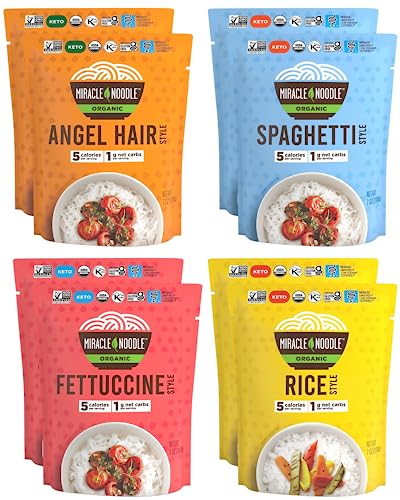 Miracle Noodle Organic Variety Pack (Angel Hair, Spaghetti, Fettuccine, & Rice) - Ready-To-Eat, Konjac Shirataki Noodles, Keto, Gluten Free, Low Carb & Calorie - 2 Bags Each, 8-Pack