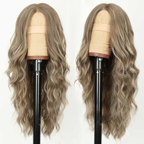 Image of AISI HAIR Ash Blonde with Highlights Wig for Women, Long Wavy Lace Hairline Middle Part Synthetic Heat Resistant Wig for Daily Party-26 Inch