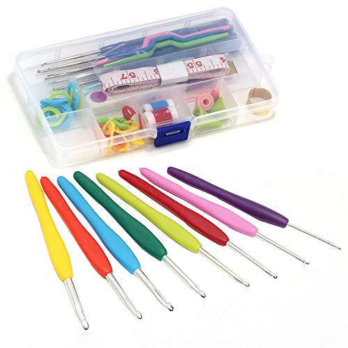 Eyech 16 Sizes Crochet Hooks Knitting Crochet Needles Locking Needle Clips Weaving DIY Tools Sets with Ergonomic Handles Craft Yarn Knitting Needles Kit Accessory Set Crochet Hook Case