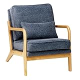 MALOL Mid-Century Accent Chair with Solid Wood Frame, Reading Relaxing Armchair Lumbar Pillow& Soft Cushion, Leisure Chair for Living Room, Bedroom, Waiting Room-Blue