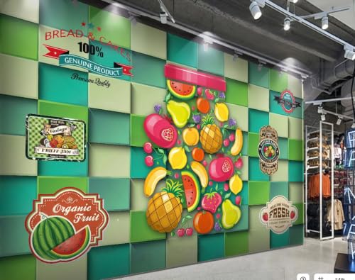 Papel tapiz de pared verde a cuadros y mural de cafetería estilo puesto de frutas 3D 2