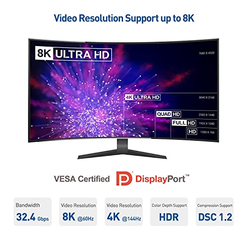Cable Matters [Vesa Certified] 6 Ft Displayport Cable 1.4, Support 8K 60Hz, 4K 144Hz (Displayport 1.4 Cable) With Freesync, G-Sync And Hdr For Gaming Monitor, Pc, Rtx 3080/3090, Rx 6800/6900 And More #TOP2