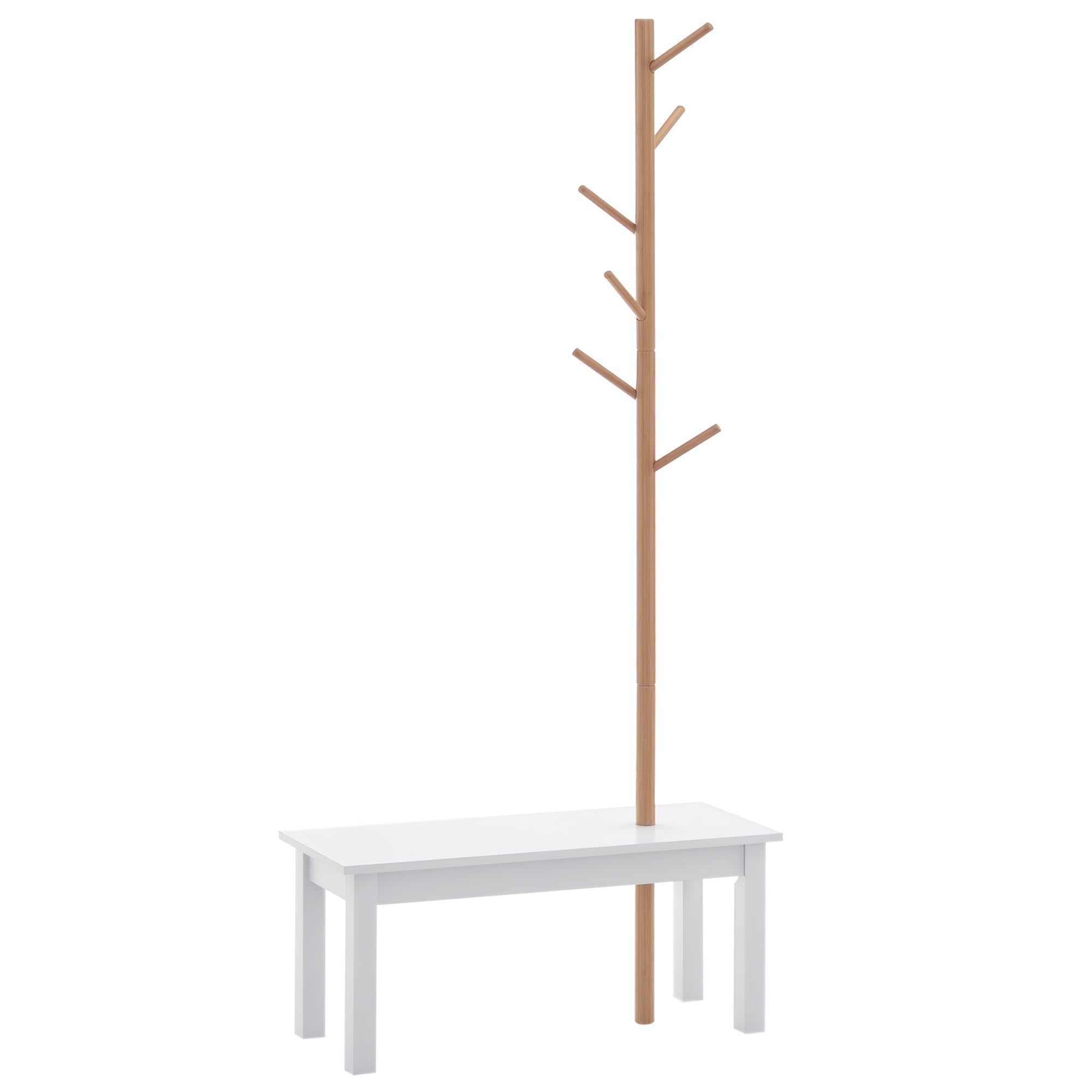 HOMCOM Panca con Appendiabiti da Ingresso, Attaccapanni da Terra in Bambù, Panca da Ingresso Bianca, Design, anche per Camera da Letto, 80x30x180cm, Bianco Legno