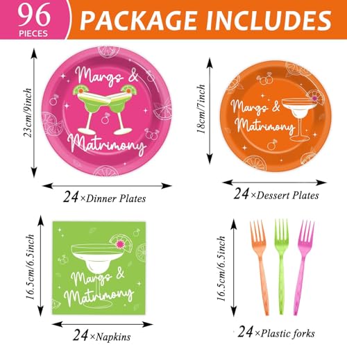 Image of 96pcs Margs & Matrimony Bachelorette Party Decorations Margs Plates Napkins Party Supplies Margarita Tableware Dinnerware for Birthday Bridal Shower Wedding Mexican Fiesta Favors for 24 Guests