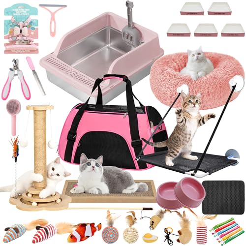 36-teiliges Premium-Kätzchen-Starter-Set für Indoor-Katzen – komplettes Katzen-Essentials-Set mit Edelstahl-Katzentoilette, Tragetasche, Bett, Spielzeug, Matte und Zubehör