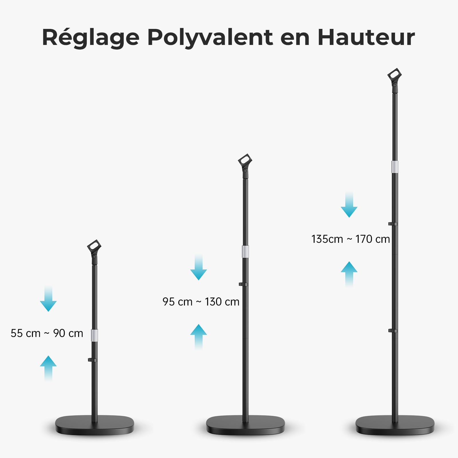 Support de Microphone - Pied de Micro Universel avec Base Ponderée Compacte, 2 Clipss Universels, Hauteur Réglable de 55 à 170 cm Pour Karaoké, Spectacles, Animations en Extérieur et Scènes