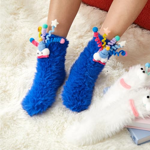 Image of 2 Pairs Silly Socks Coral Velvet Cartoon Monster Socks 3D Novelty Face Fuzzy Stockings Thick Winter Funny Warm Cute Floor Stockings for Women Men Boyfriend Christmas Halloween Gifts