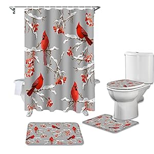 Christmas 4 Piece Bathroom Set Cardinal Bird Standing on The Branch Shower Curtain Sets with U Shape Rug, Toilet Lid Cover, Bath Mat,Shower Curtain Red Berry Non-Slip Bathroom Mat