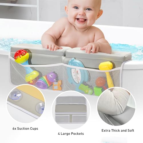 Image of Comfortable Bath Kneeler and Elbow Rest Pad Set- Thick Non-Slip Memory Foam Bath Mat Set,Quick Dry Baby Bathtub Cushion with Storage Toy Organizer Pockets