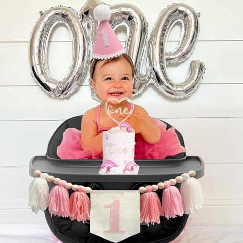 Image of First Birthday Party Decorations Pink Highchair Wood Bead Tassel Garland 1st Birthday Crown Cake Topper