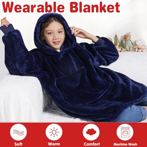Image of Waitu Wearable Blanket for Kids, Wearable Blanket Hoodie for Teens Girls Boys, Warm Blanket Sweatshirt Gift for Teenage, Hoodie Blanket with Sleeves - Navy
