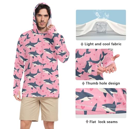 Valentine's Cartoon Shark Fish Pink Sun Shirts Hoodies for Men Long Sleeve Rash Guard Shirts UPF 50+ Golf Shirt S4