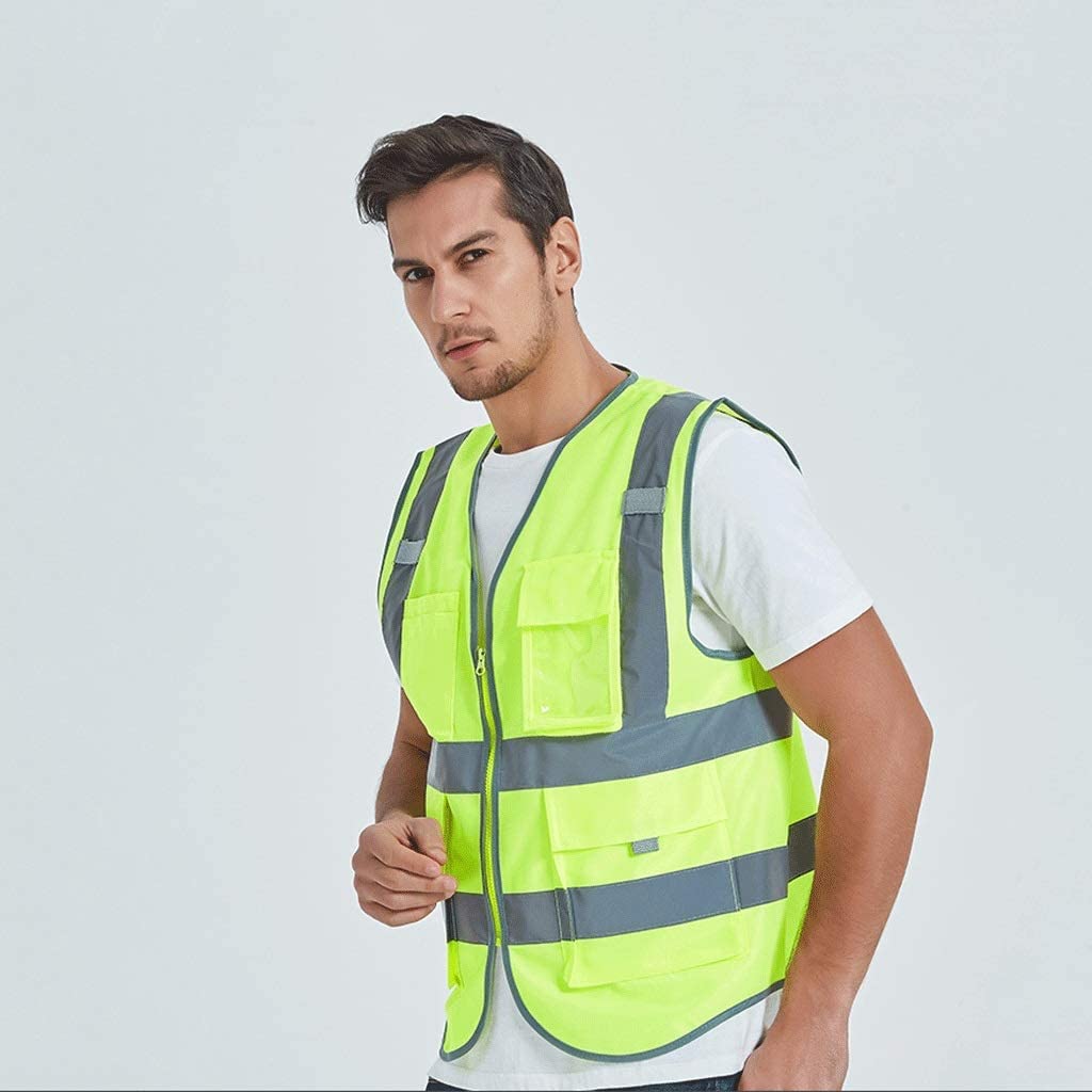 Chaleco de alta visibilidad， Traje reflectante tejido de punto chaleco reflectante de seguridad transpirable con bolsillo cremallera tira de luz de alta visibilidad chaleco de construcción