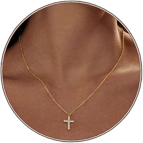 Zeffy Collar de cruz para mujer, chapado en oro de 18 quilates, collar con dije de cruz pequeña en capas simples para niñas, joyería de oro para
