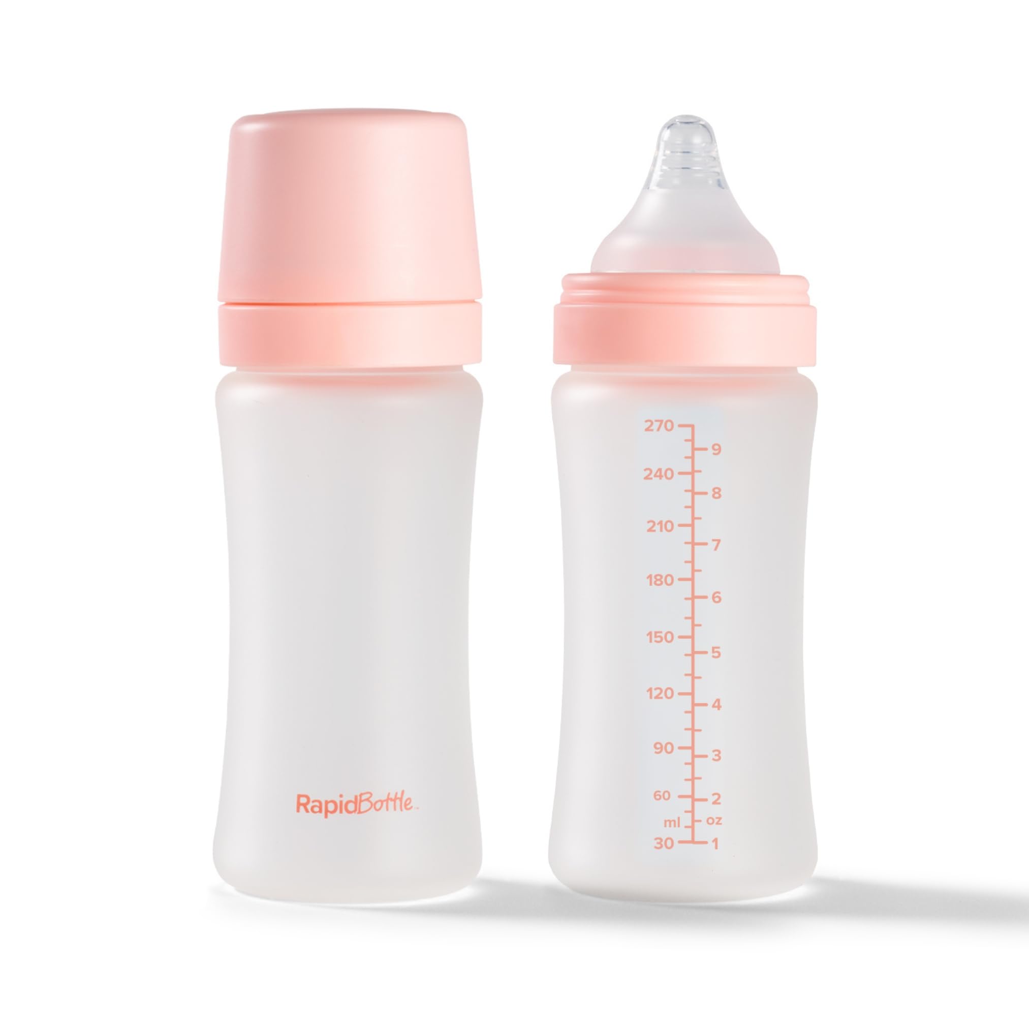Nuby Pack of 2 RapidBottle Anti-Colic Glass Feeding Bottles - Rapid Bottle with Silicone Coated Glass Bottles with Breast-Like Teat | Quick Feed | No Microplastics | Fast Sterilising | 9oz (Pink)