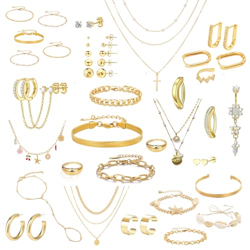 Gold Jewelry Set for Women,53 PC Gold Plated Jewelry Set with 9 Necklace, 9 Bracelet, 25 Ear Cuffs Earring, 5 Ankle Bracelets ,2 Rings and 3 Belly Button rings for Women Valentine Anniversary Birthday Gifts