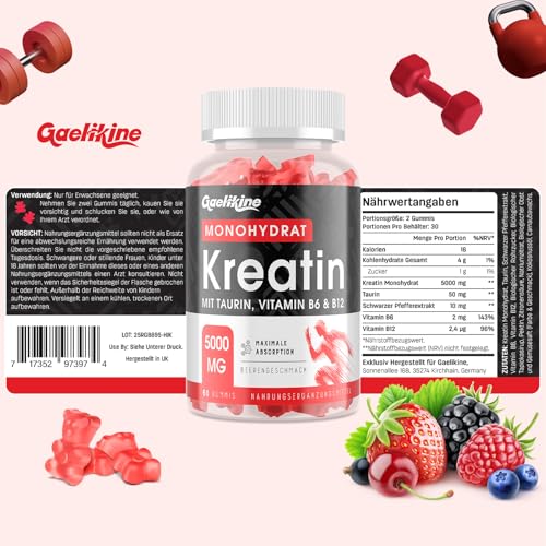 Bonbons Gélifiés à la Créatine Monohydrate 5000mg, Créatine à Haute Dose avec Taurine, Vitamines B12 et B6, Alternative aux Capsules et Poudres de Créatine, Végétalien, 60 Unité (Lot de 1) – Image 8