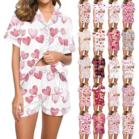 TYISZIL valentines pajamas Valentines Pajamas for Women Set 2 Piece Love Heart Print Button Down Shirts with Shorts Matching Loungewear valentine pajamas Pink L Cover