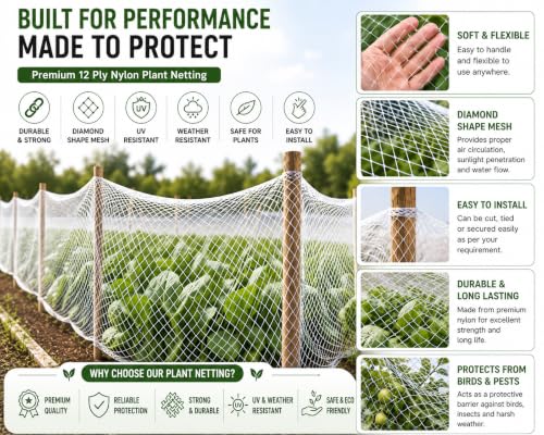 Image of 12 Ply Plant Netting 50 mm Mesh - Heavy Duty Garden Support Net, UV Resistant Trellis Net for Vegetables, Climbing Plants & Creepers (White, 20X300FT)