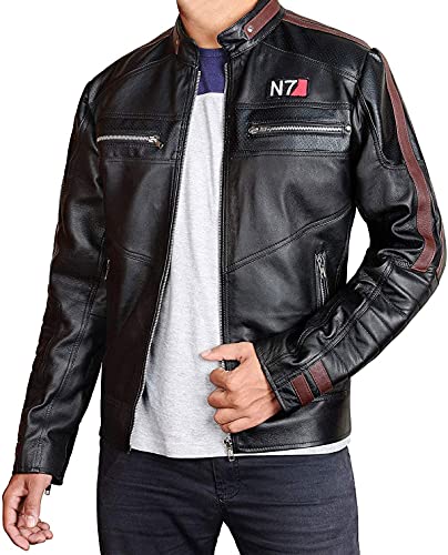 EU Fashions N7 Mass Effect 3 Street Fighter Commander Shepard Veste en cuir véritable ou simili Noir, Noir - Cuir véritable., M