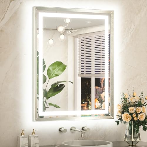 TETOTE 28 x 36 Bathroom LED Mirror Brushed Bright Nickel Metal Frame Frontlit & Backlit Vanity Mirror Anti-Fog Stepless Dimmable 3 Colors White/Warm/Natural Mirror with Lights Wall-Mounted