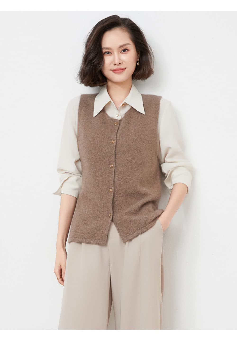 Gebreide Gilets,Vrouwen Gebreide Gilets Vintage Elegante Korte Effen Kleur Donkere Camel Ronde Hals Wol Herfst Winter Losse Mouwloos Knoop Vest Trui Tank Top Cami Vest Blouse,S