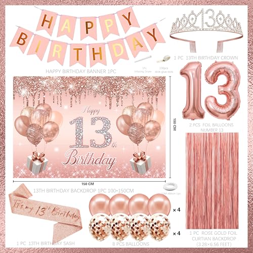 Image of 13th Birthday Decorations for Girls,Banner,Backdrop, it's my 13th Birthday Sash, Sweet Rhinestone Tiara Crown,Balloons