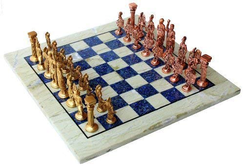 StonKraft - 15 x 15 Collectible Chess Game Board Set Made with White Australian Marble, Lapiz Lazuli + Brass Roman Pieces