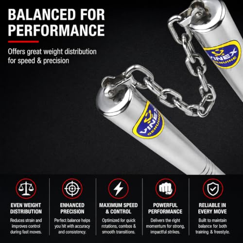 Image of VINEX Stainless Steel Fixed Nunchaku with Chain - Professional Grade Metal Nunchucks for Martial Arts Training, Polished Finish, Durable Stainless-Steel Build, Karate Practice Stick (Without Lock)