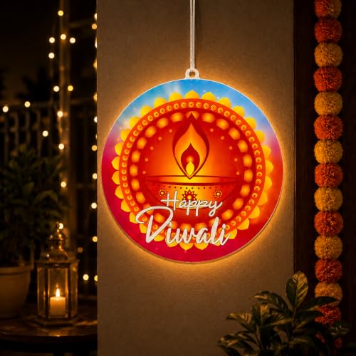 Image of Desidiya Happy Diwali LED Hanging Light | Warm White Double-Sided | Perfect for Diwali decor, entrances, balconies, pooja rooms, gifting and celebrations.