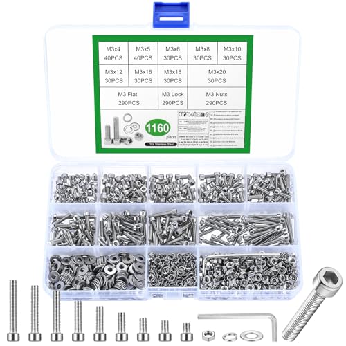 1160 Stk M3 Schrauben Set, Sechskantschrauben Muttern Set, Edelstahl Zylinderschrauben Innensechskant Schrauben mit Muttern und Unterlegscheiben Set, Maschinenschrauben Gewindeschrauben Sortiment