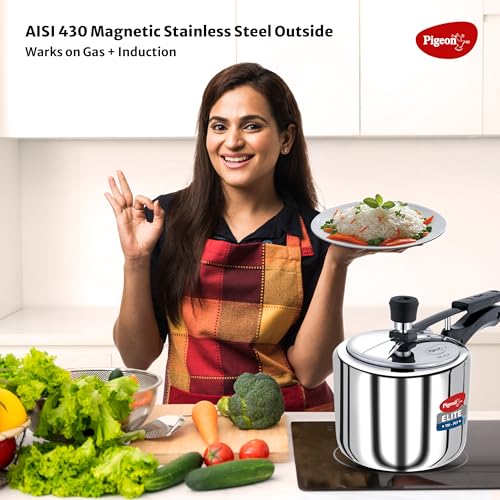 Image of Pigeon by Stovekraft Elite Shine 3L Tri-Ply Body Inner Lid Pressure Cooker Induction and Gas Stove Compatible that Distributes Heat Evenly for Uniform Cooking (Silver)