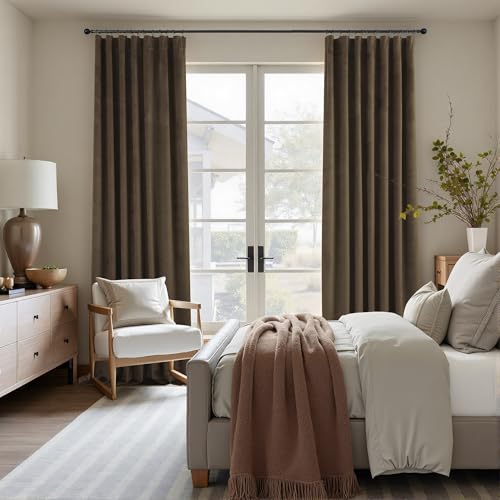 Image of Dark Brown Velvet Curtains for Living Room 96 Inch Long 2 Panels Soundproof Mid Century Modern Rustic Neutral Earth Tone Decorative Window Drapes for Bedroom Sliding Door Cottage Core Decor 96 Length