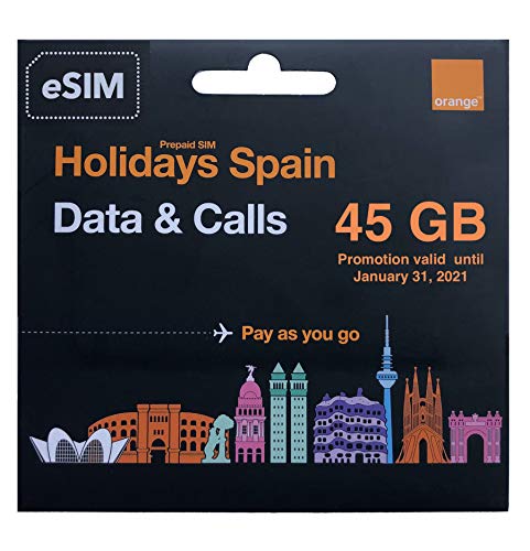 eSIM Orange - Tarjeta eSIM (virtual) Prepago Holidays Spain | 45 GB en España | 9,5 GB en Europa | Activación Online | Ideal 2da Línea | Para Turistas en Europa